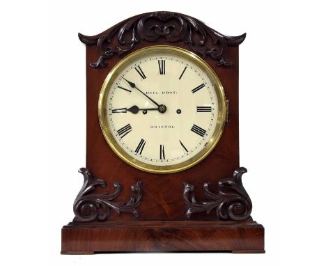 Mahogany double fusee bracket clock, the 8" cream dial signed Dell Bros: Bristol, within a stepped case applied with carved f