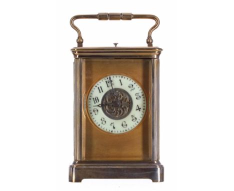 Repeater carriage clock striking on a gong, the 2.25" cream chapter ring enclosing a pierced foliate centre and within a gilt