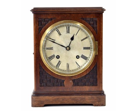 German mahogany ting-tang mantel clock&nbsp;striking on two gongs, 5.25" silvered dial within a woven carved stepped case, 10