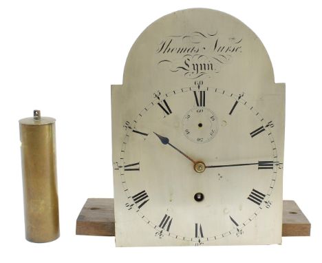 Small longcase clock regulator movement, the 8.5" silver arched dial signed Thomas Nurse, Lynn to the arch over a subsidiary 