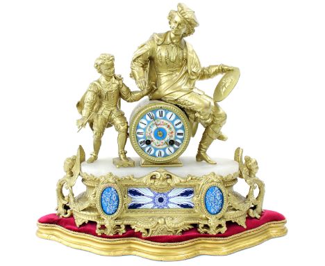 French gilt metal and porcelain mounted two train figural mantel clock, the 3.25" painted dial within a drumhead casing surmo