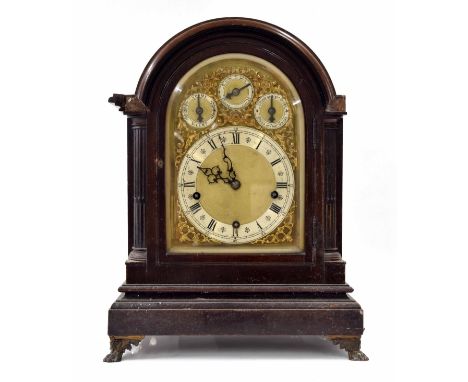 Mahogany three train chiming boardroom bracket clock, the movement striking the hours and quarters with nine hammers on gongs
