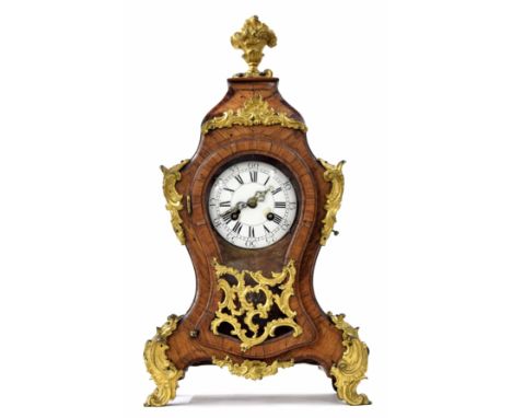 French Louis XV style kingwood two train mantel clock,&nbsp;the Japy Freres movement striking on a gong, the 3.75" white dial
