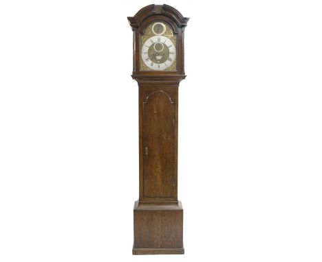 Oak eight day longcase clock, the 12" brass arched dial signed John McDonald, Inverness on a silvered arched plate to the mat