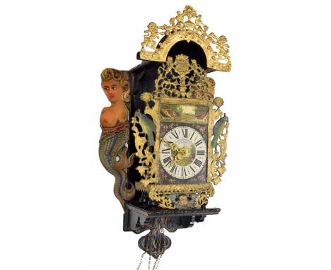 Decorative Dutch single train painted wall clock with alarm,&nbsp;the rectangular dial plate painted with a rural scene to th