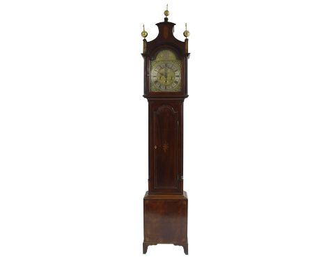 Mahogany three train longcase clock, the 12.5" brass arched dial signed Henry Swaine of Hilperton on a flat silvered disc to 