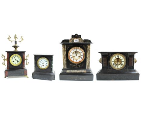 French black slate and grey marble two train mantel clock, the 4.5" white chapter ring enclosing a recessed visible escapemen