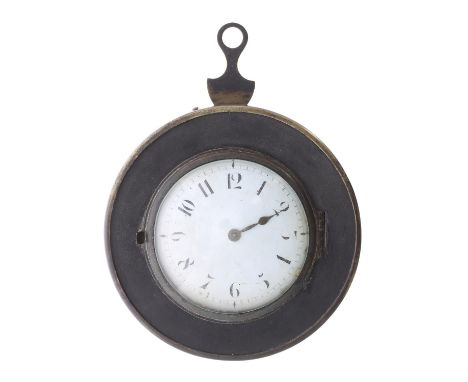 English ebonised and brass bound sedan clock, the movement signed G R Harris, London, no. 246, the 2.75" white enamel dial wi