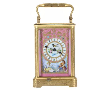 French porcelain panelled carriage&nbsp;clock timepiece, the movement back plate bearing a maker's trademark stamp (B enclose