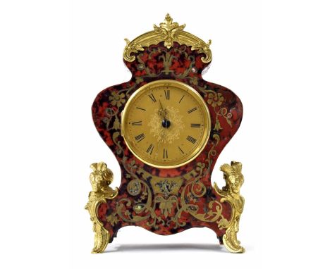 French Boulle&nbsp;mantel clock timepiece with balance platform escapement, the 2.75" gilt dial within a waisted case, 9" hig