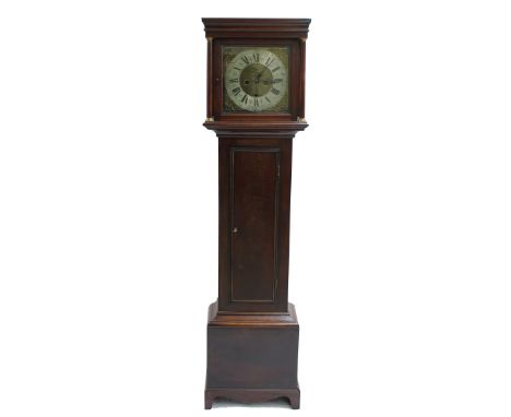 Mahogany eight day longcase clock, the 12" square brass dial with silvered chapter ring enclosing a matted centre with subsid