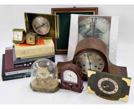 Oak two train mantel clock, small torsion clock, travel clock watch and clock related books, small display case etc 