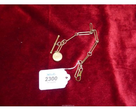 An unmarked rose gold coloured watch chain with T bar having a Compass fob, (15ct rose gold)  34g.