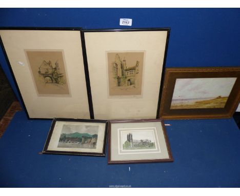A small quantity of prints to include an etching of Cardigan Castle, Beverley Minster, print of Torbay Devon, and two Marjori