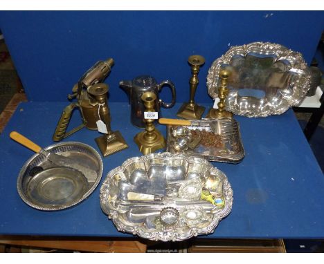 A box of mixed metals including silver plate, brass candlesticks and Bladon Blow lamp.
