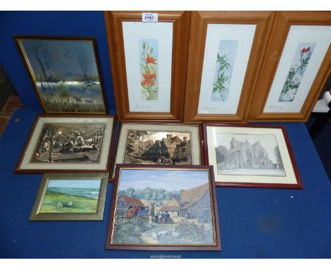 A quantity of prints to include M.D Herring farm yard print, St Mary's Abergavenny pencil sketch, floral prints etc.