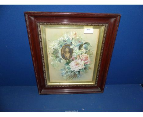 A floral Watercolour with a gilt oval frame incorporating a photograph of lady portrait, 14 1/2" x 16 1/2".