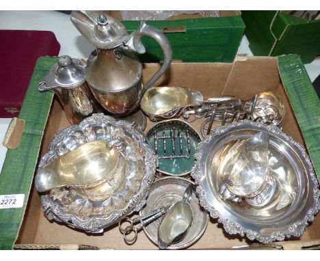A quantity of silver plate including toast racks, sauce boats, wine coasters, ladle, grape scissors etc.
