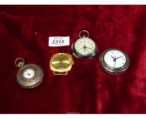 An Arnex Swiss half hunter packet watch, plus a small alarm clock in the form of a pocket watch and a Penhaligons clock and a