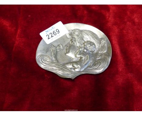 An Art Nouveau Trinket Dish with a cherub whispering in a ladies ear, in raised design, 4".