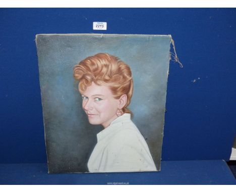 An unframed Oil on canvas Portrait of a Lady in a white top, no visible signature, a/f., 15" x 18".