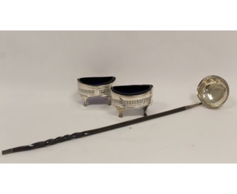 Pair of silver oval salts, pierced, by James Mince 1799 and toddy ladle with baleen handle.