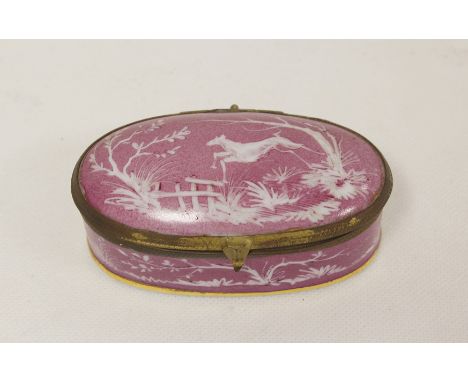 19th century Continental porcelain oval patch box with brass mounts, the mottled puce ground with sgraffito decoration depict