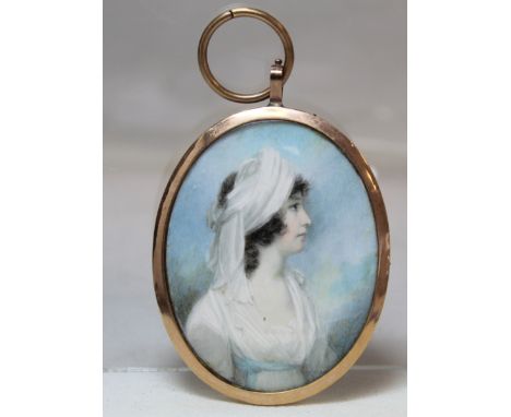 Georgian portrait miniature of a lady wearing a turban, watercolour on ivory, 6.5cm x 5cm (oval), in gilt metal frame with se