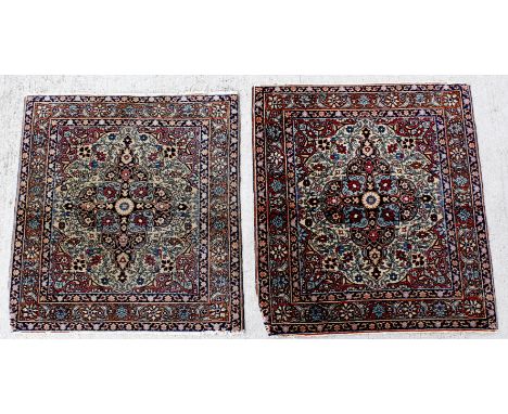 Pair of finely woven Persian prayer mats with floral medallions and borders. Each 65cm x 62cm. Condition report:One very slig