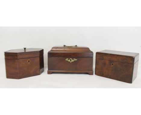 George III mahogany tea caddy with canted top, brass handle and escutcheon and four bracket feet, unfitted interior, 23cm wid