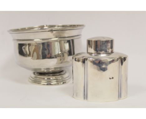 Silver caddy of oval straight sided form, by Harry Aitken, Sheffield 1905 and a bowl, 6 oz. (2).