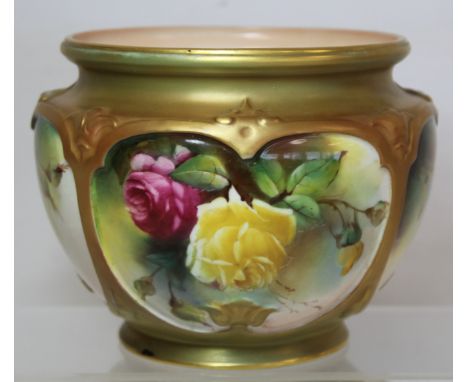 Royal Worcester James Hadley small circular porcelain jardinière decorated with panels of roses surrounded by gilt borders, f