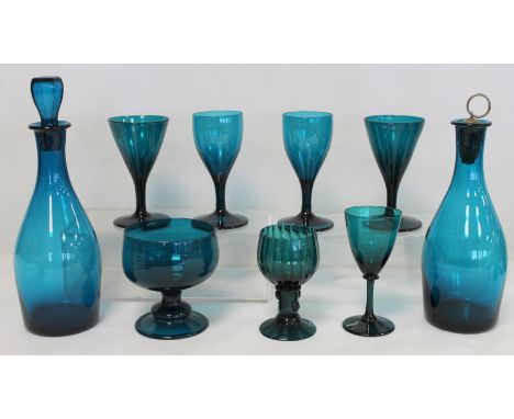 Small collection of 19th century and later turquoise glass comprising: wine glass with ribbed bowl, applied prunts to stem an