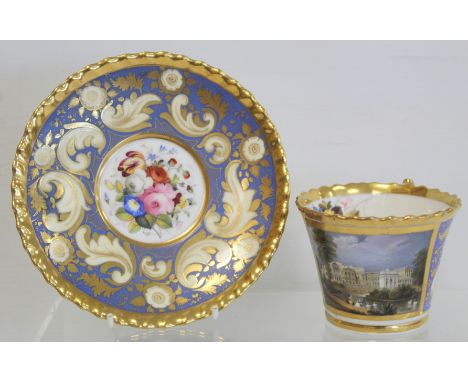 Early 19th century Chamberlain's Worcester finely painted cabinet cup and saucer with panel depicting Buckingham Palace, on p