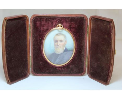 Victorian portrait miniature of a gentleman, watercolour in ivory, 7cm x 6cm (oval), in gilt metal frame and leather case.N.B