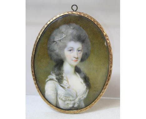 Georgian portrait miniature of a lady, watercolour on ivory, 7.5cm x 6cm (oval), signed with monogram HI? and dated 1788, in 