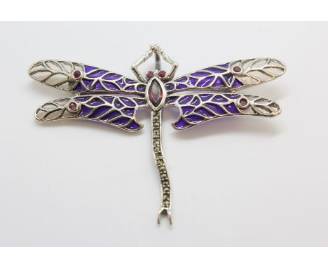 Silver dragonfly brooch/pendant set with garnet, ruby marcasite and pliqu-a-jour.