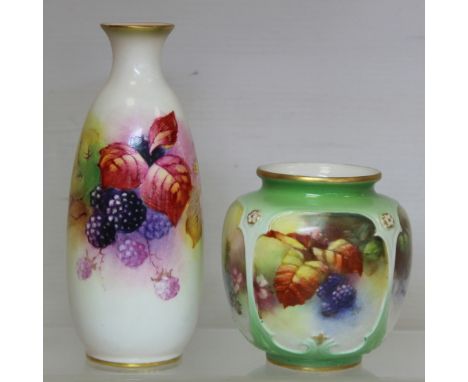 Royal Worcester bone china vase of slender baluster form decorated with blackberries, by A. Davis, pattern no. 2491 with blac