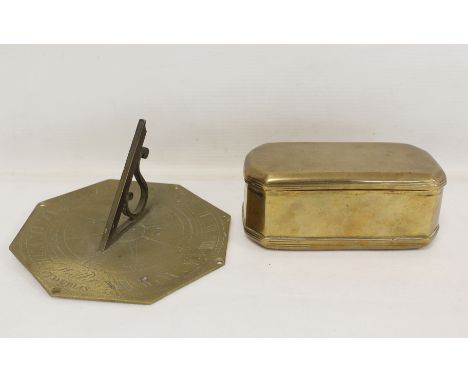Antique Irish brass sundial of octagonal form with incised maker's name "Walker Dublin", 15cm wide; also 19th century brass t