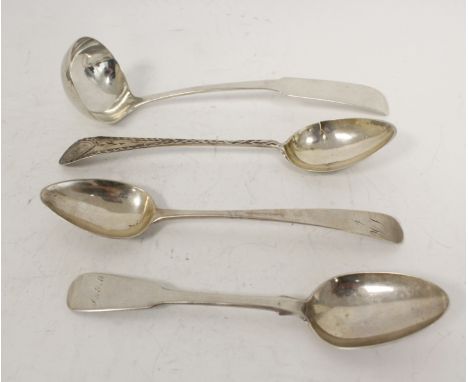 Scottish Provincial silver toddy ladle, fiddle pattern by John McQueen, Banff c1820 24g and three other teaspoons including G