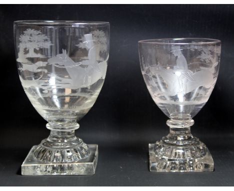 19th century clear glass rummer with engraved and continuous hunting scene on domed lemon squeezer square base, 14cm high and