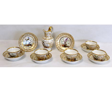 Late 18th/early 19th century Paris porcelain part teaset by André Marie Leboeuf, Rue Thiroux, comprising: five cups; seven sa