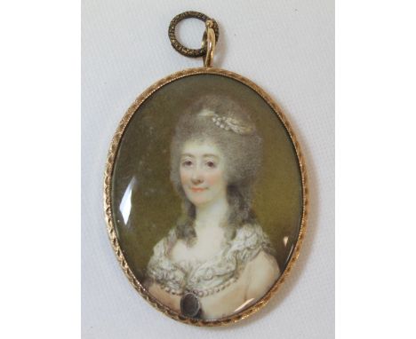 Georgian portrait miniature of a lady, watercolour on ivory, 8.5cm x 6.5cm, indistinctly signed with initials and dated 1781,