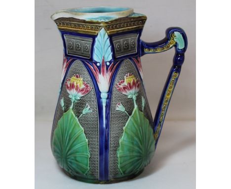 Victorian Copeland Majolica Aesthetic "Egyptian Lotus" pattern four gill jug/pitcher, c.1877, with diamond registration and i