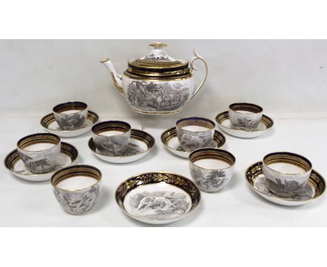 Early 19th century Spode bat printed part teaset, pattern no. 1485, decorated with pastoral, hunting and game scenes, compris