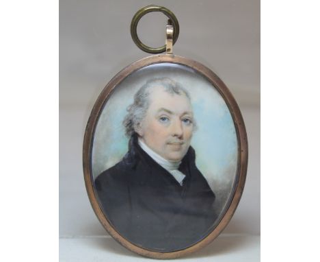 Georgian portrait miniature of a gentleman, watercolour on ivory, 8cm x 6cm (oval), in gilt metal frame with lock of hair and