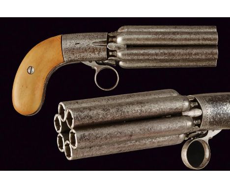 dating: Third quarter of the 19th Century provenance: Belgium, Revolving group of six, 9 mm cal. barrels, in damask, numbered