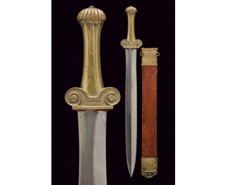 dating:  provenance: France, Wide, straight, double-edged blade. Solid brass hilt. Leather scabbard with gilded copper hilt. 