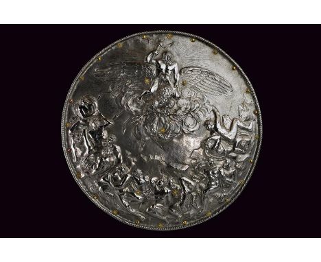 dating: about 1585 provenance: North Italy, In iron, of round, convex shape, with raised and twisted border, majestically emb