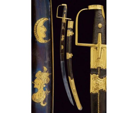 dating: 20th Century provenance: Europe, Curved blade, finished at the forte and with gilded engravings. Gilded, metal hilt, 